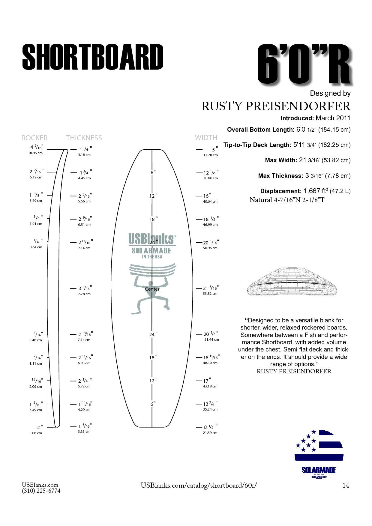 US BLANKS 6'0 "R SHORTBOARD BLANK