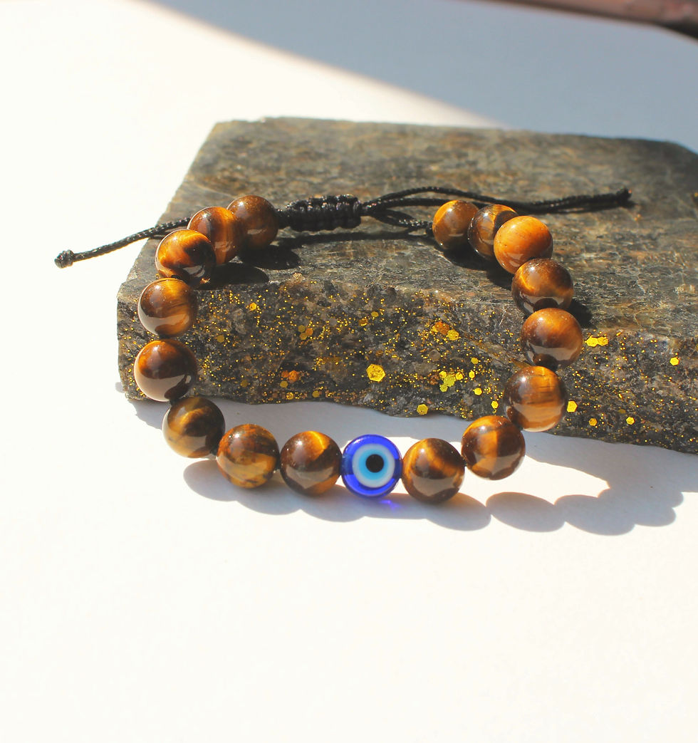 Thumbnail: Tiger Eye Evil Eye Bracelet , 8-MM Beads Bracelet - Balances Soul & Body