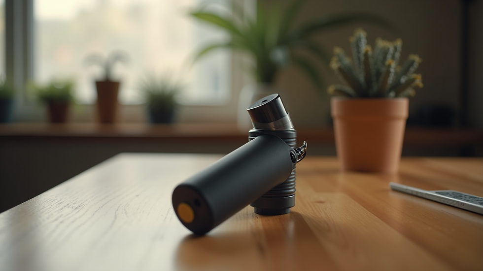 Close-up view of a sleek Caliburn vape device on a wooden table