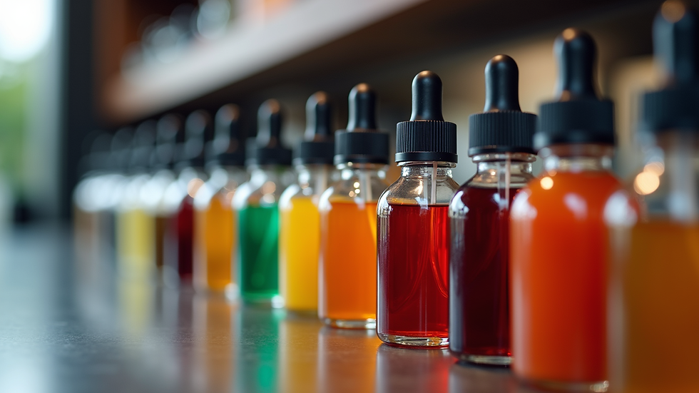 Close-up view of colorful e-liquid bottles lined up on a store counter