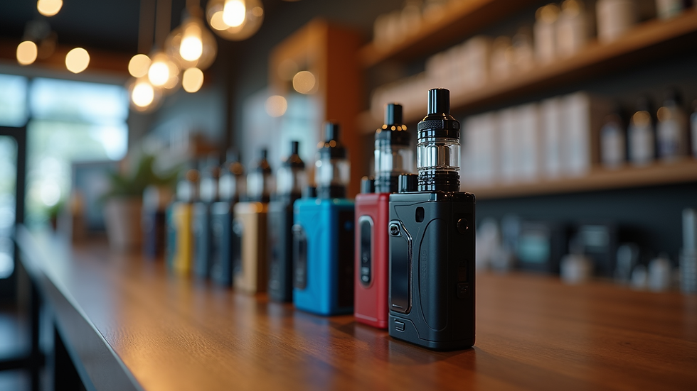 Eye-level view of a display of various Caliburn vape devices in a vape shop