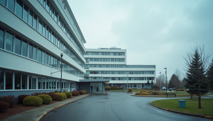 Eye-level view of a regional hospital building with a cloudy sky