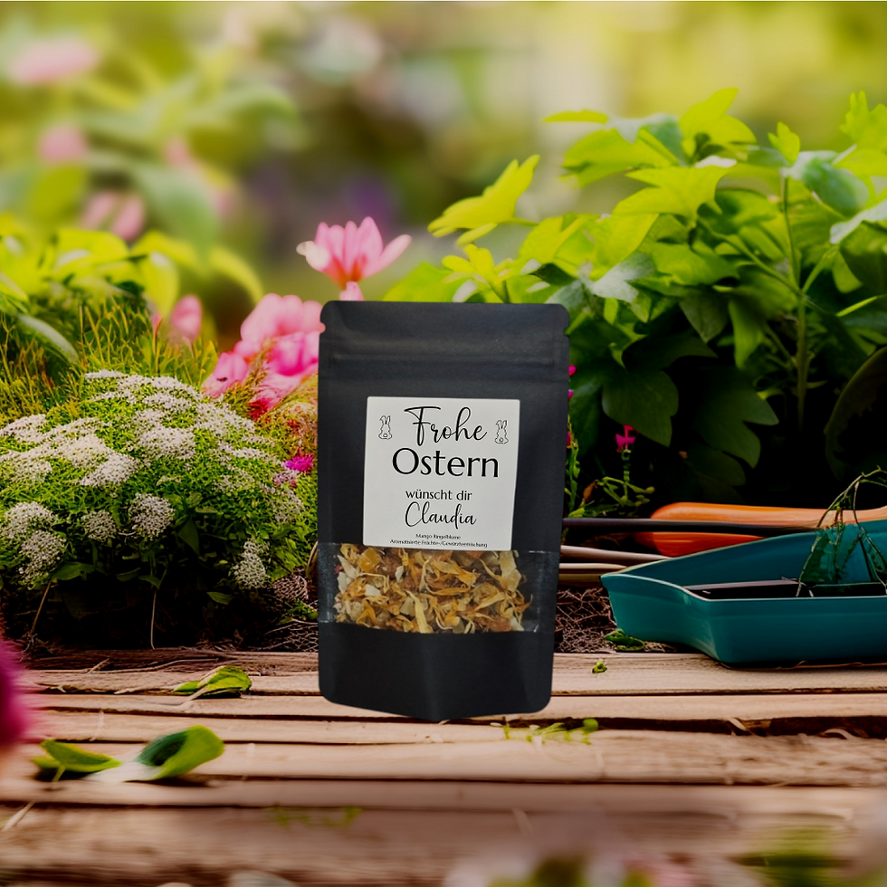 Tee in einer schwarzen, stehenden Verpackung mit Sichtfenster. Aufdruck "Frohe Ostern wünscht dir ...."