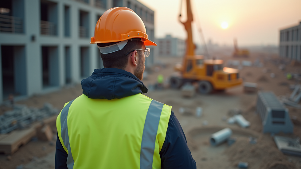 High angle view of a building inspector checking construction site