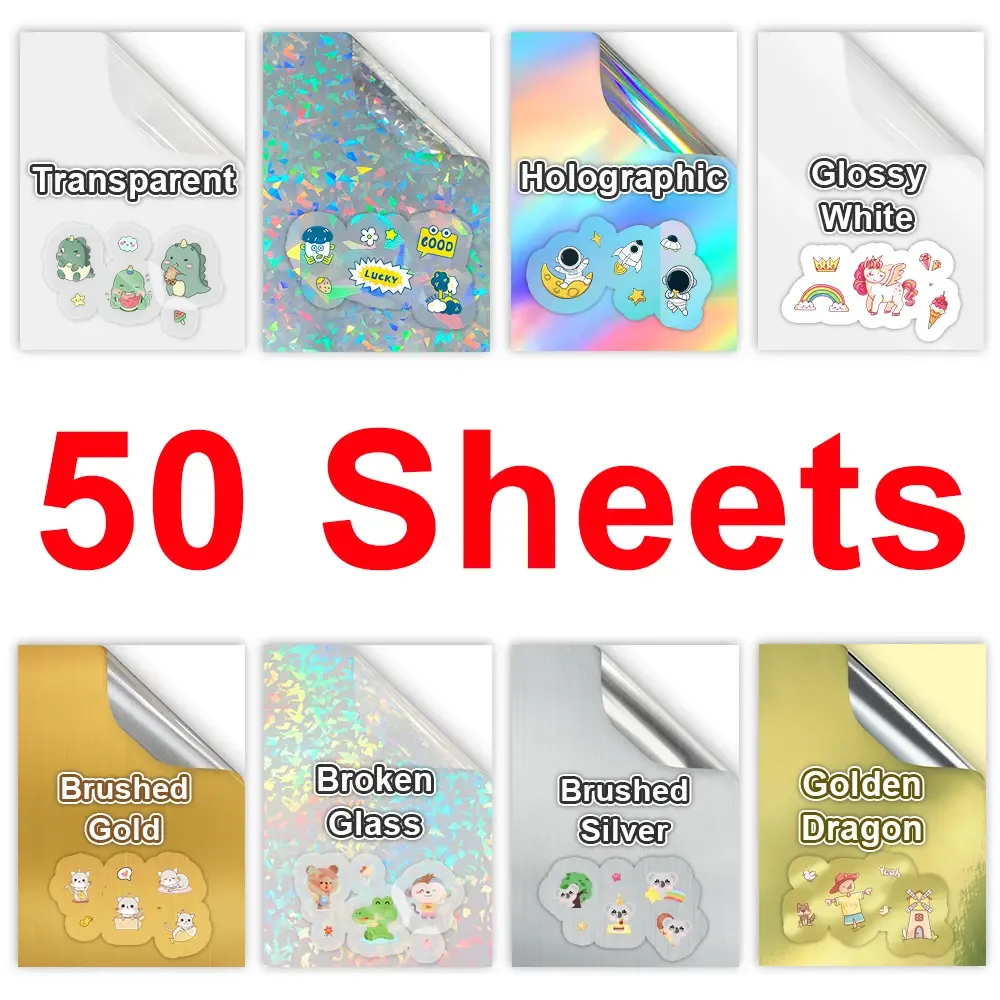50 Sheets A4 Transparent Printable Vinyl Sticker Paper Glossy White