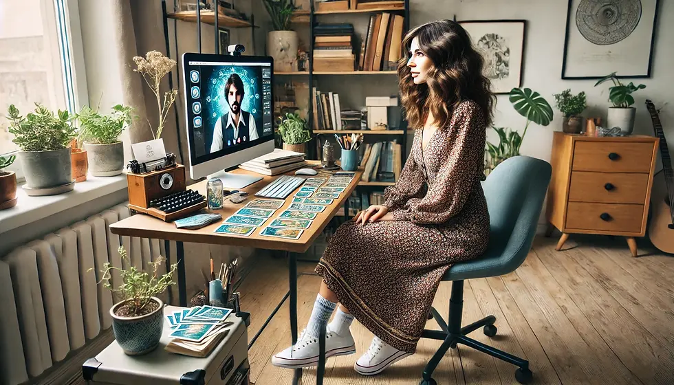 DALL·E 2024-07-03 00.08.22 - An online therapeutic tarot session conducted via video call.