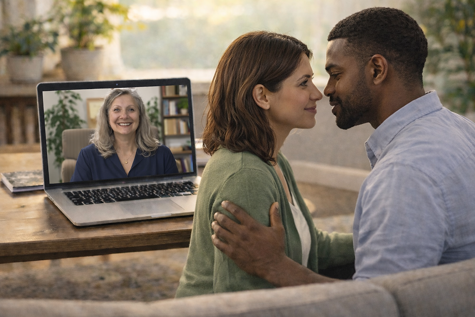 Couple in RLT informed on-line couples counselling with Gizella Nagy counsellor on screen