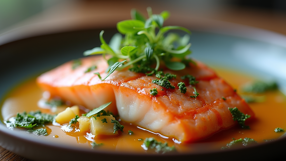 Close-up view of a gourmet dish with fresh fish and herbs