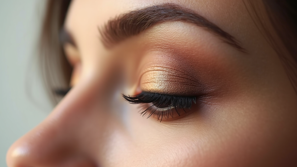 Eye-level view of a makeup brush applying soft brown eyeshadow