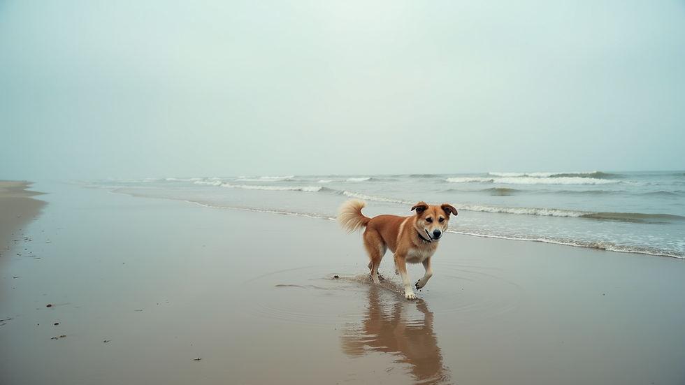 Weitwinkelaufnahme eines ruhigen Nordseestrandes mit Hund beim Spielen