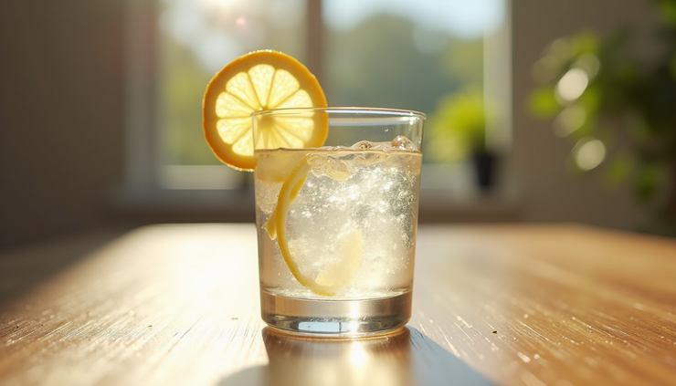Eye-level view of a clear glass of water on a wooden table with a lemon slice