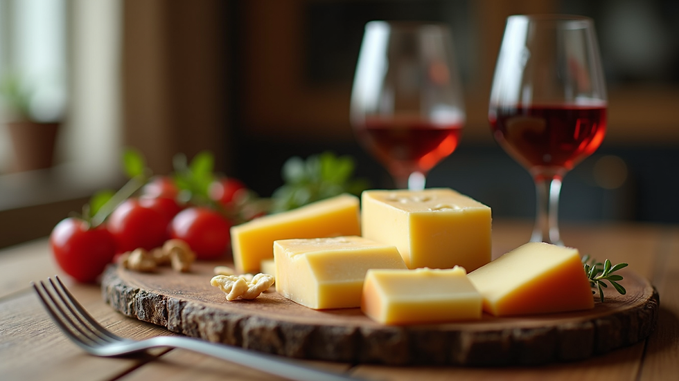 Close-up view of a beautifully arranged cheese and wine pairing