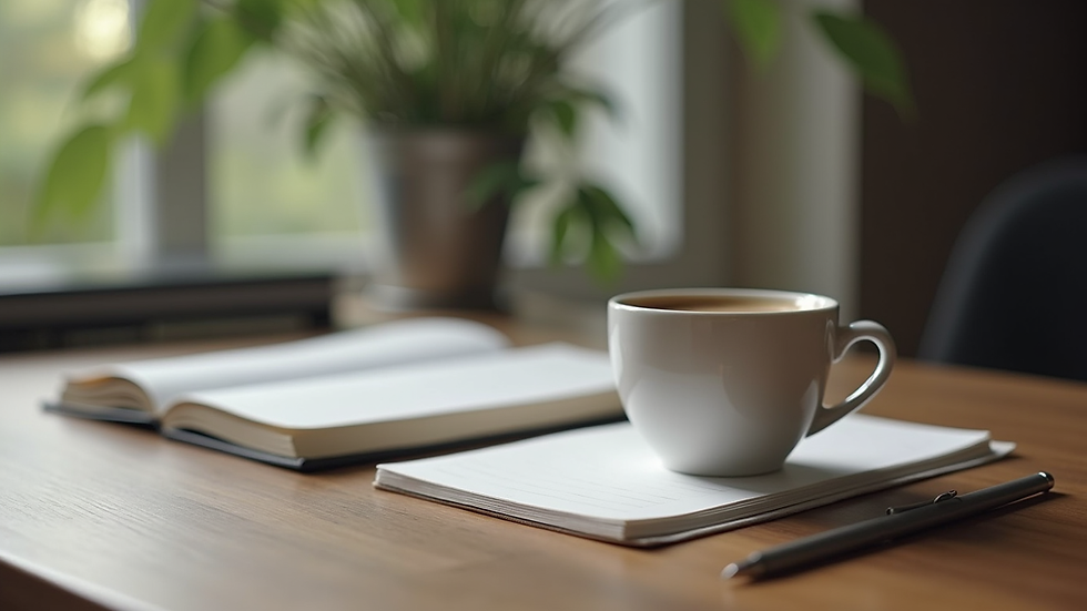 Vue rapprochée d’une tasse de café posée sur un bureau avec un carnet ouvert