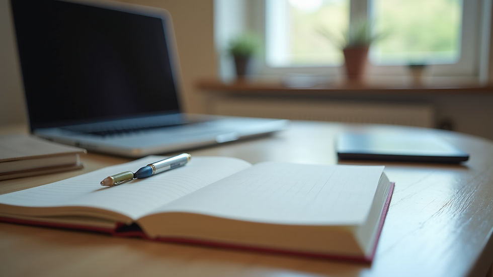 Vue rapprochée d’un bureau avec un carnet de notes et un ordinateur portable