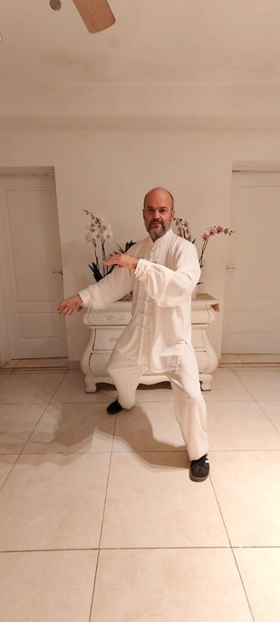 Instructor de tai chai en posición en blanco