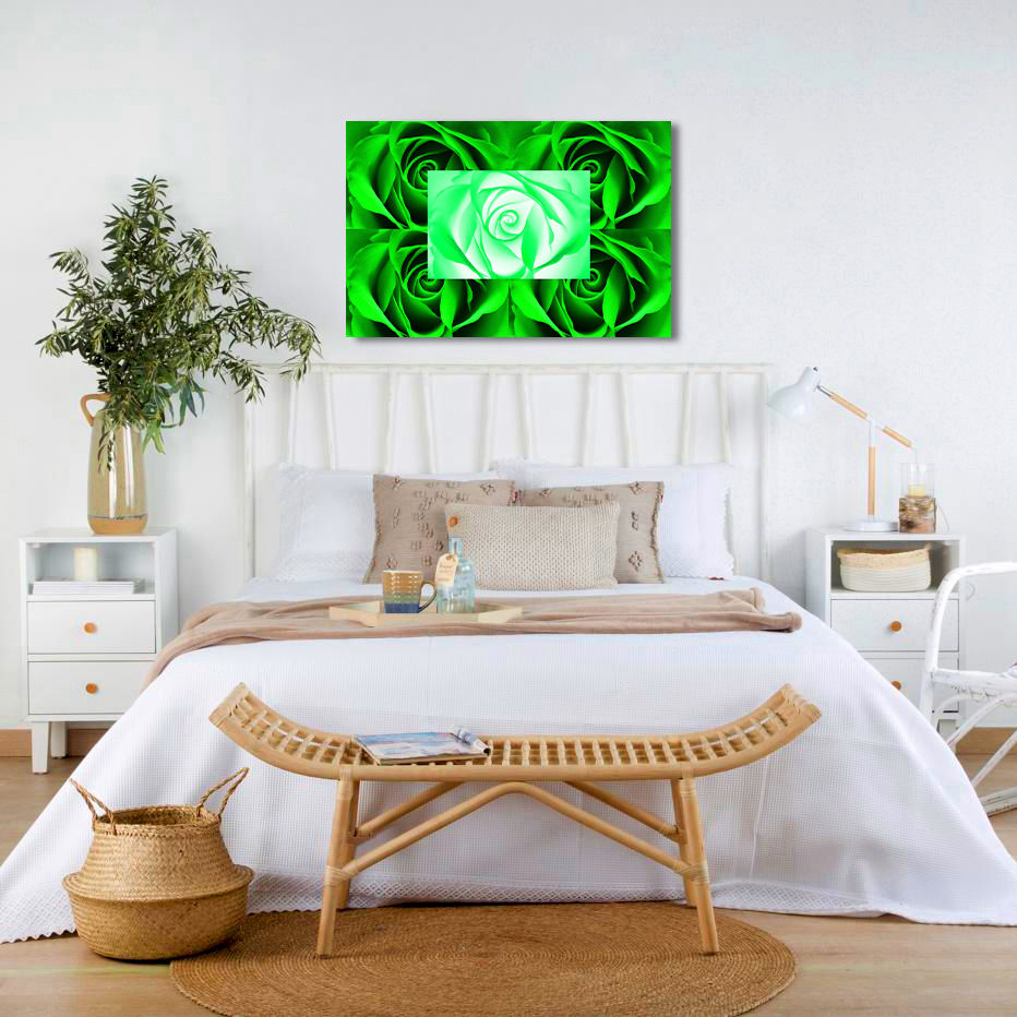 Miniatura: Photo d'art plan serré de cinq boutons de roses d’un vert éclatant, décoration murale vegetal vert