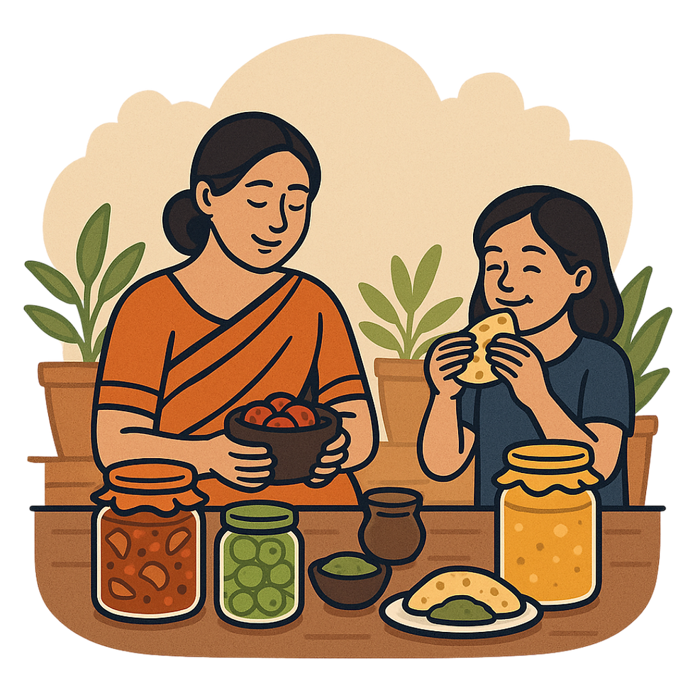 Woman and girl enjoying homemade Indian pickles and flatbread