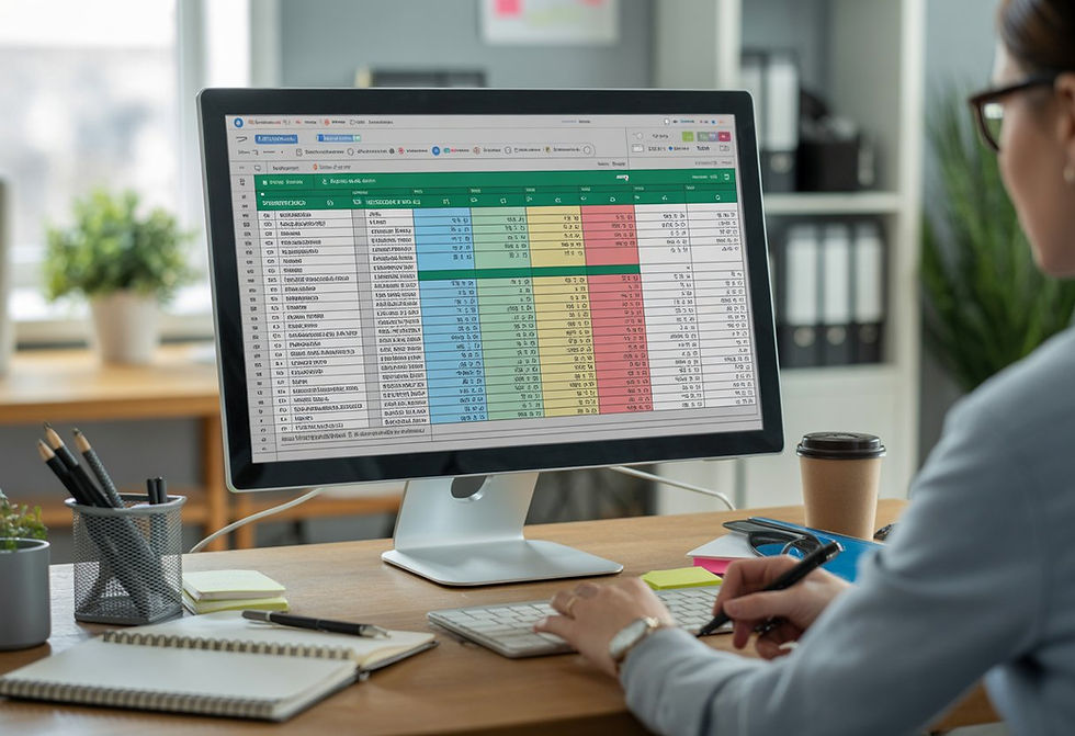 A modern office desk with a computer showing organised Excel spreadsheets, office supplies, and a person working in the background.