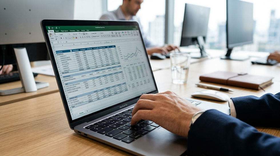 Financial report spread sheet on a laptop