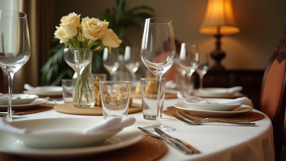 Eye-level view of a beautifully set dining table with elegant tableware