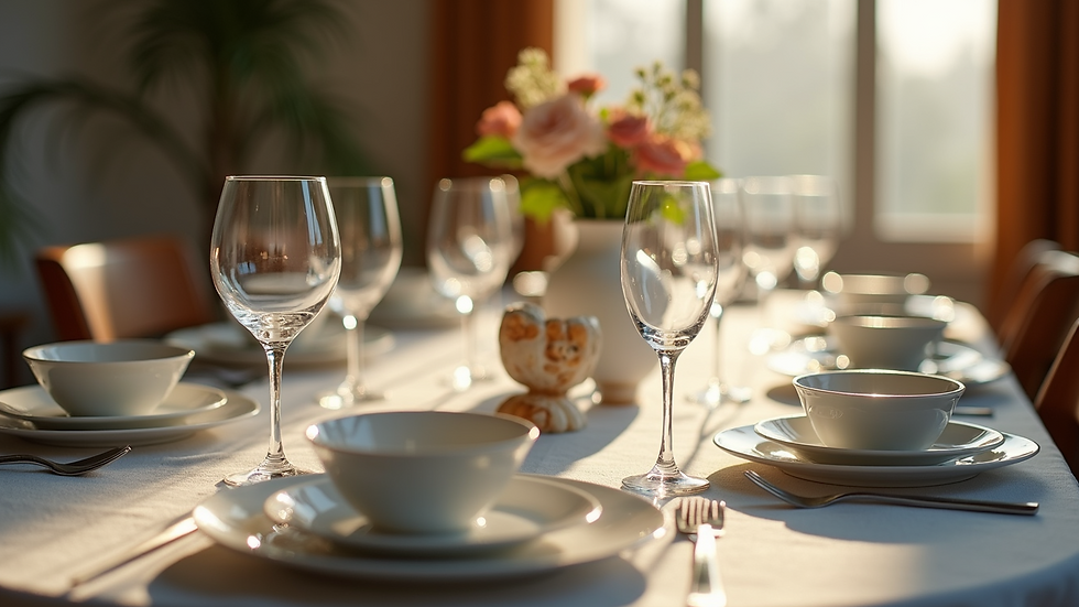 Close-up view of an elegantly set dining table with fine china and crystal glassware