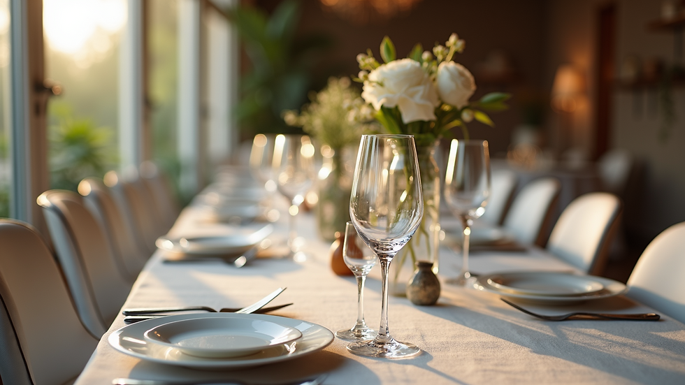 Eye-level view of a beautifully set table with elegant tableware