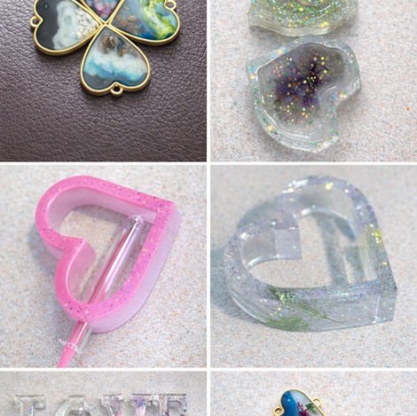 Collage of heart-shaped resin pieces with flowers, glitter, ocean designs, and decorative lettering.