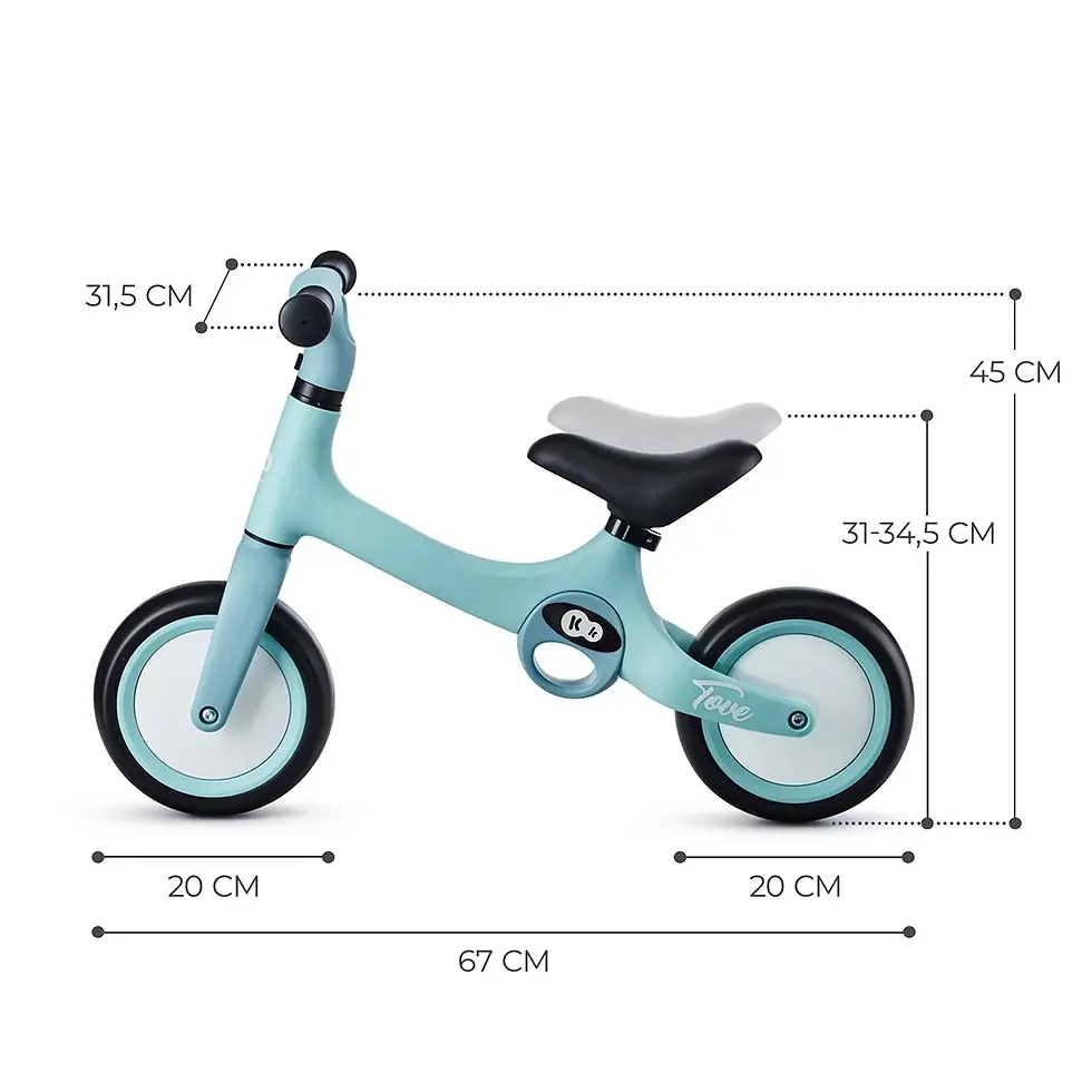 Miniatura: Dimensiones detalladas de la Bicicleta de Balance TOVE Kinderkraft, diseñada para adaptarse al crecimiento de los niños.