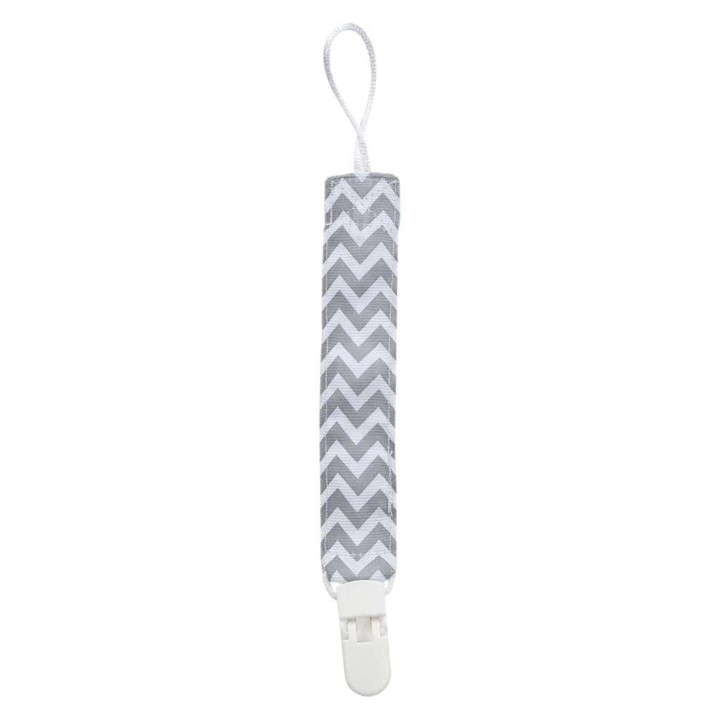 Agarra chupete de cinta con diseño de zigzag gris, clip resistente y cinta ajustable para mantener el chupete seguro.