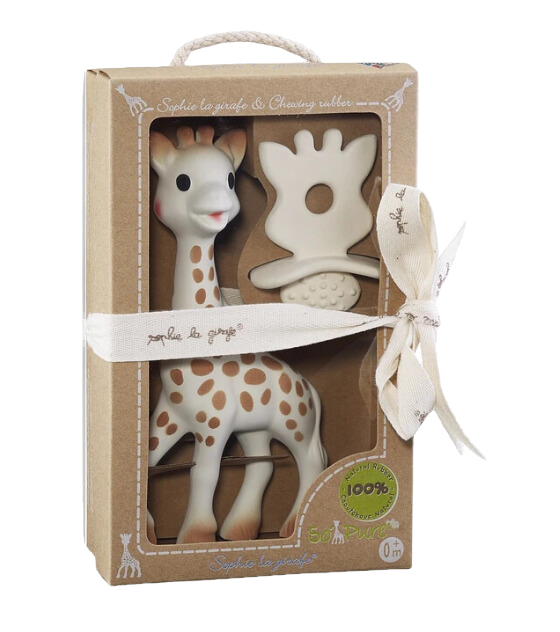 Pack Sophie la Girafe y Chewing Rubber en su caja de regalo, incluyendo el mordedor Sophie la Girafe y el Chewing Rubber