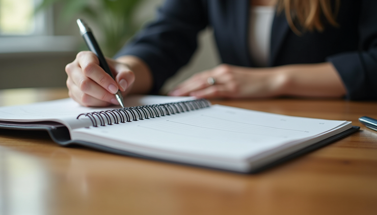 Eye-level view of a woman writing notes in a planner on a wooden desk