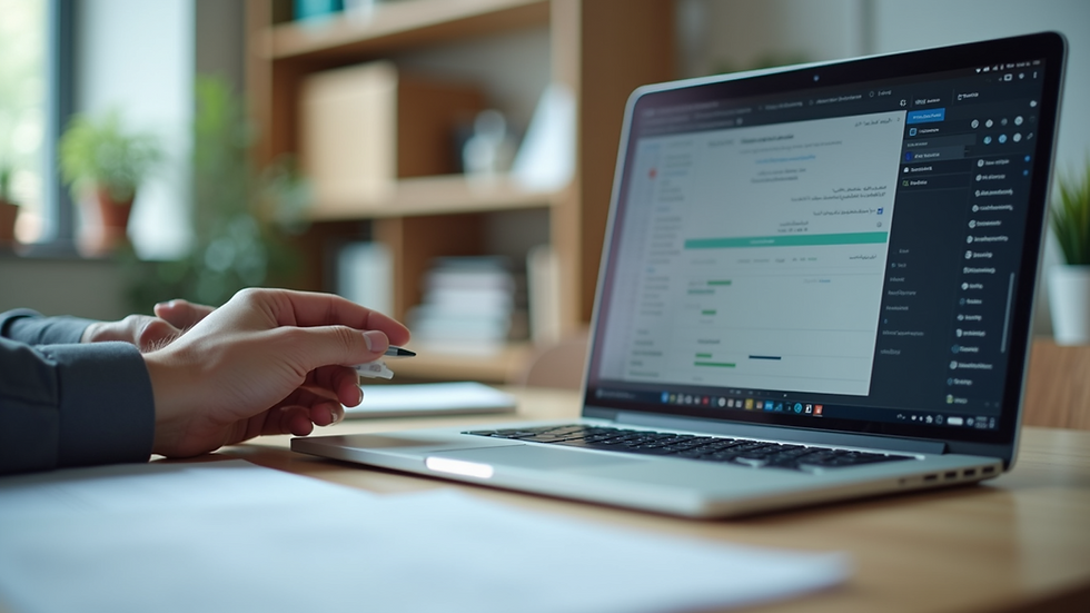 Eye-level view of a modern office workspace with a laptop and documents