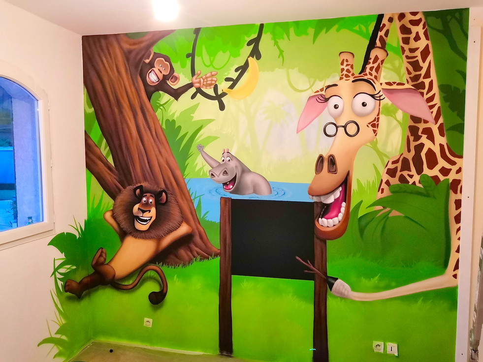 graffiti, décoration d'intérieur, déco, chambre, salle de jeux, madagascar, décoration madagascar, décoration salle de jeux