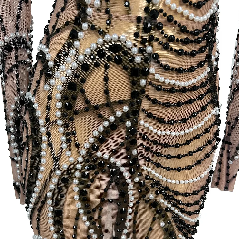 Miniatura: Design Sense Women's Party Evening Dress Black White Double Color Pearl Sexy