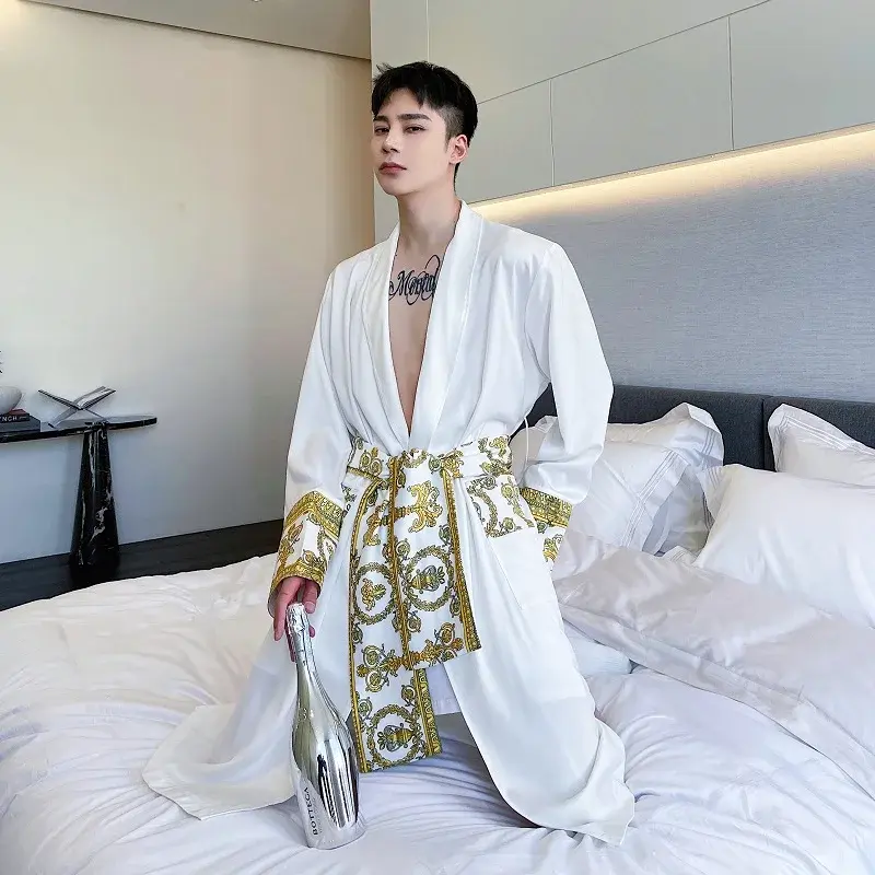 Thumbnail: High Quality Satin Silk Vintage Printed Comfortable Robe Men Fashion Long