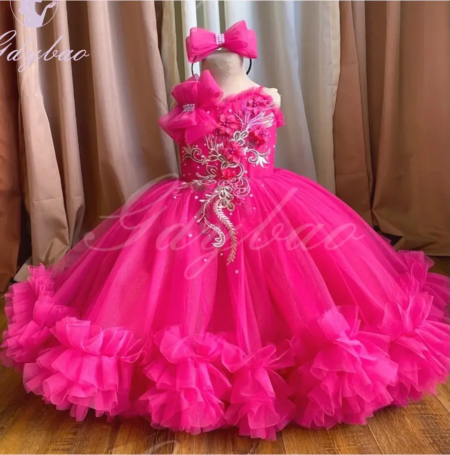 Hot Pink Fower Girl Dress Puffy 3d Appliques Sleeveless for Wedding Baby Kids