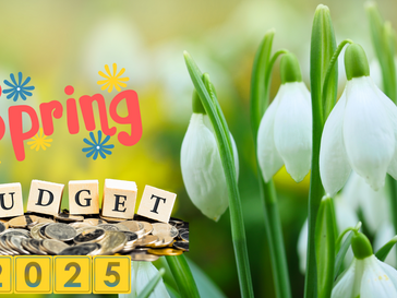 Snowdrops bloom with "Spring Budget 2025" text. Coins and letter blocks spell "BUDGET" on a vibrant, blurred green-yellow background.