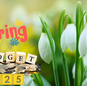 Snowdrops bloom with "Spring Budget 2025" text. Coins and letter blocks spell "BUDGET" on a vibrant, blurred green-yellow background.