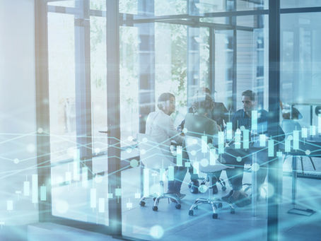 Business leaders in a glass boardroom with digital data charts overlaid, representing data-driven oversight and AI governance.