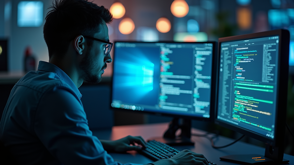 Close-up view of a cybersecurity analyst monitoring multiple screens