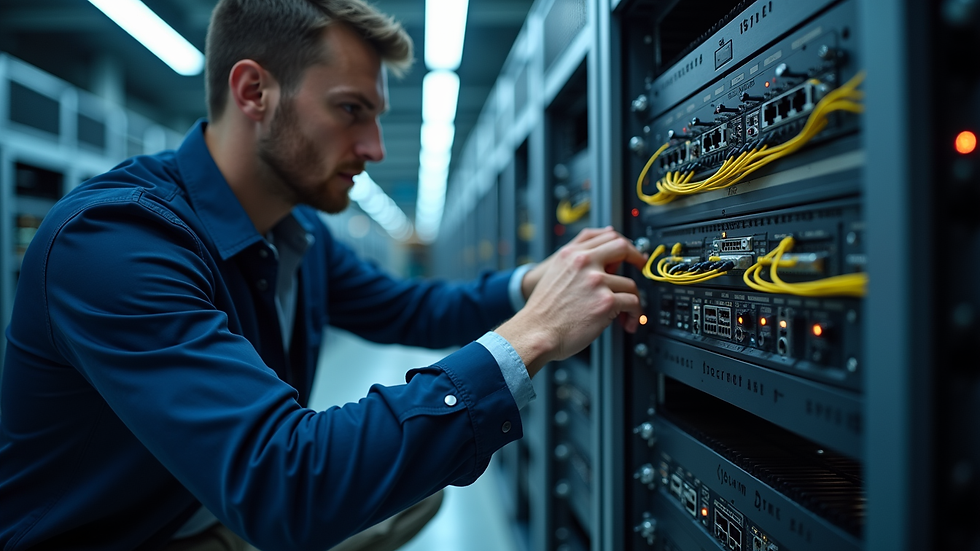 Close-up view of a technician configuring network equipment