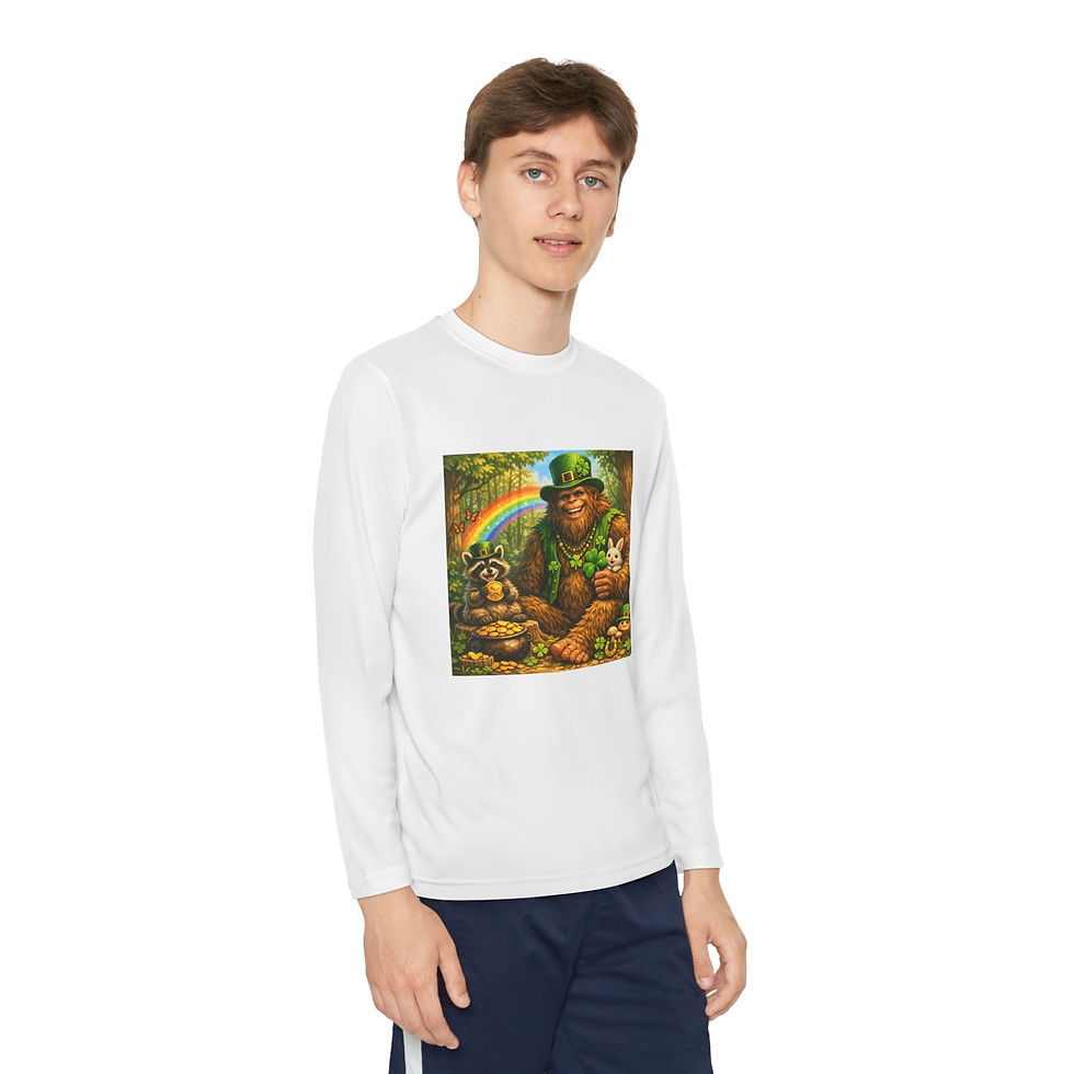 Thumbnail: Youth Long Sleeve Tee — Cheerful Leprechaun Rainbow St. Patrick’s Day Design