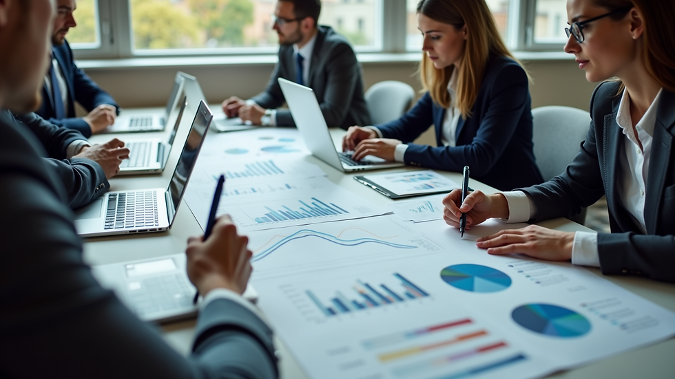 High angle view of a business meeting with charts and laptops