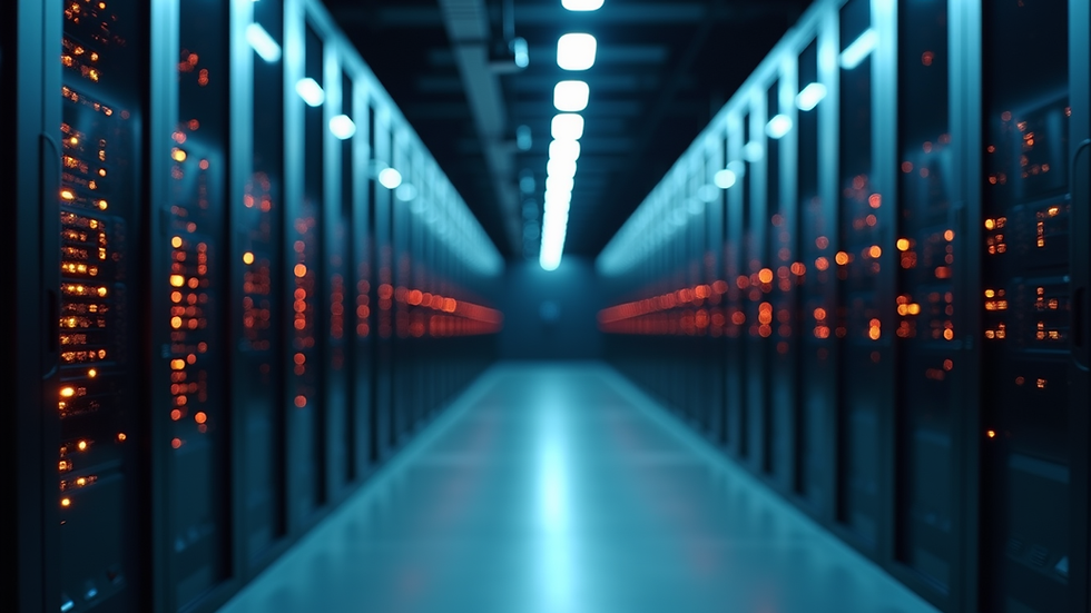Eye-level view of a modern office server room with blinking lights