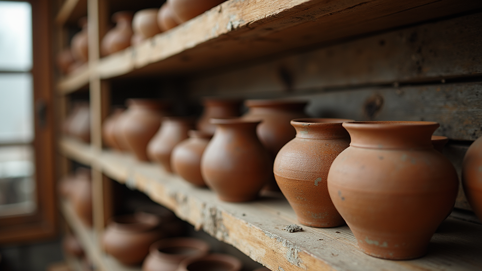 Close-up view of handcrafted pottery displayed on a wooden shelf in a local West Virginia shop