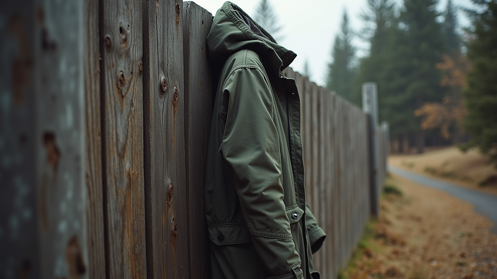 Eye-level view of rugged outdoor jacket hanging on a wooden fence