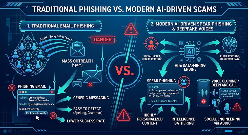 Cybersecurity infographic diagram comparing traditional generic 'spray and pray' email phishing attacks (fishing hook icon) with modern targeted AI-driven spear phishing, deepfake voice cloning (microphone icon), and business email compromise (BEC) flow.