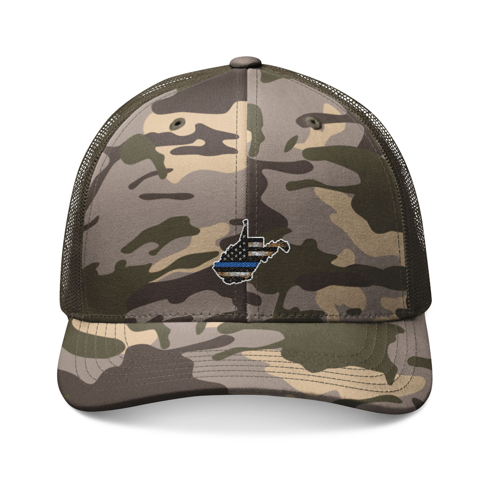 Camouflage Trucker Hat — Embroidered West Virginia Flag Patch