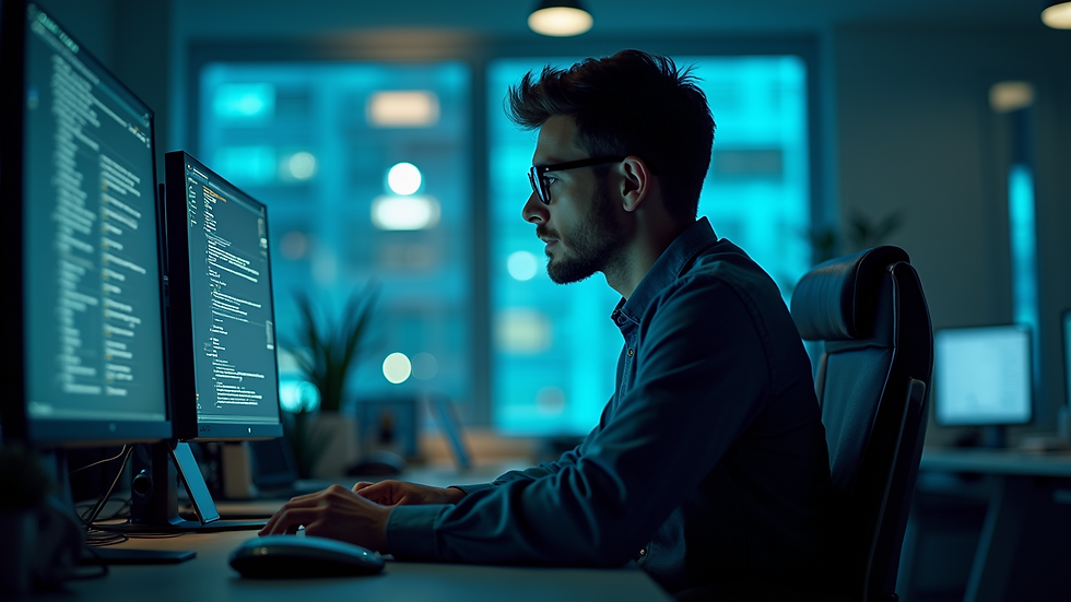 Eye-level view of a person working on a computer with cybersecurity software