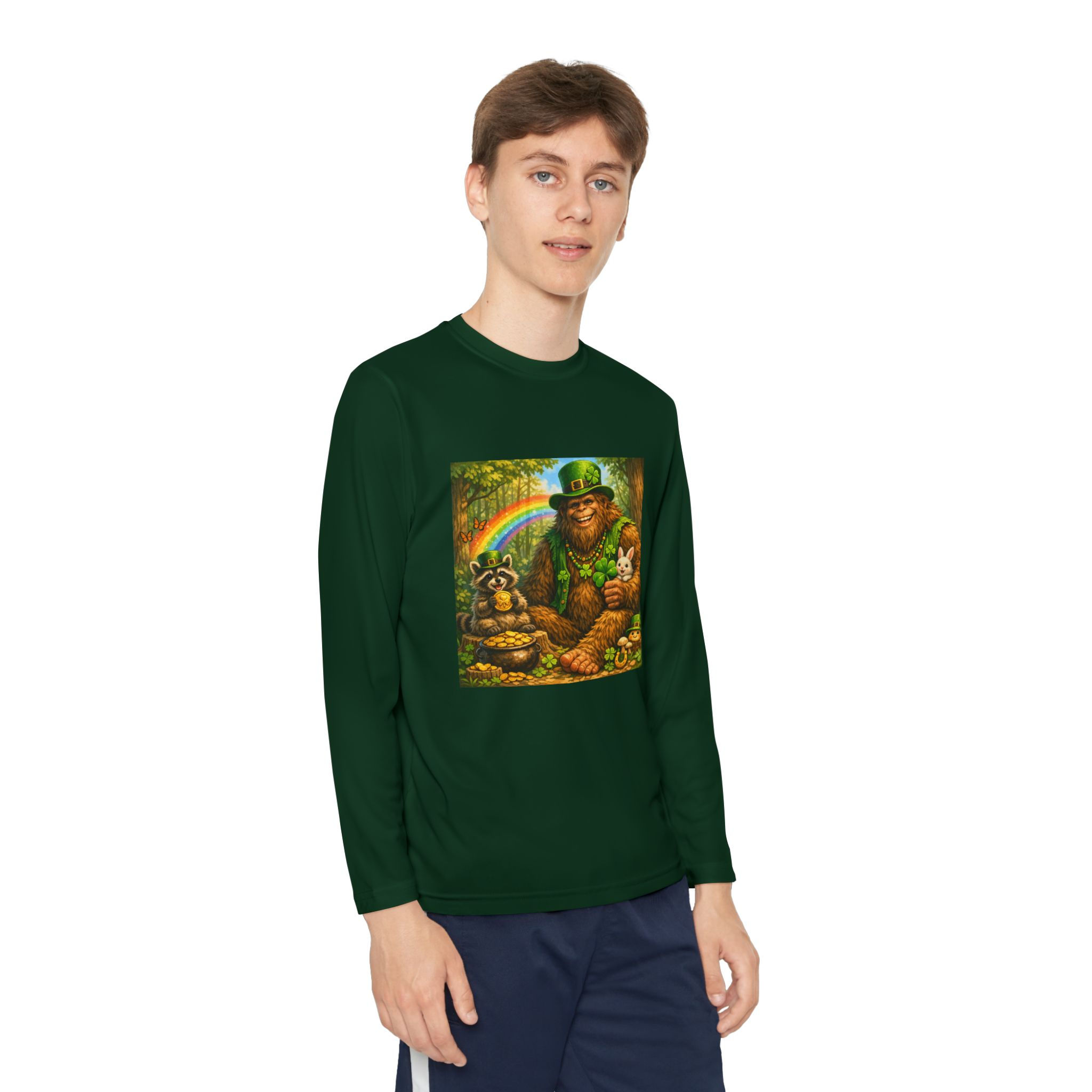 Youth Long Sleeve Tee — Cheerful Leprechaun Rainbow St. Patrick’s Day Design